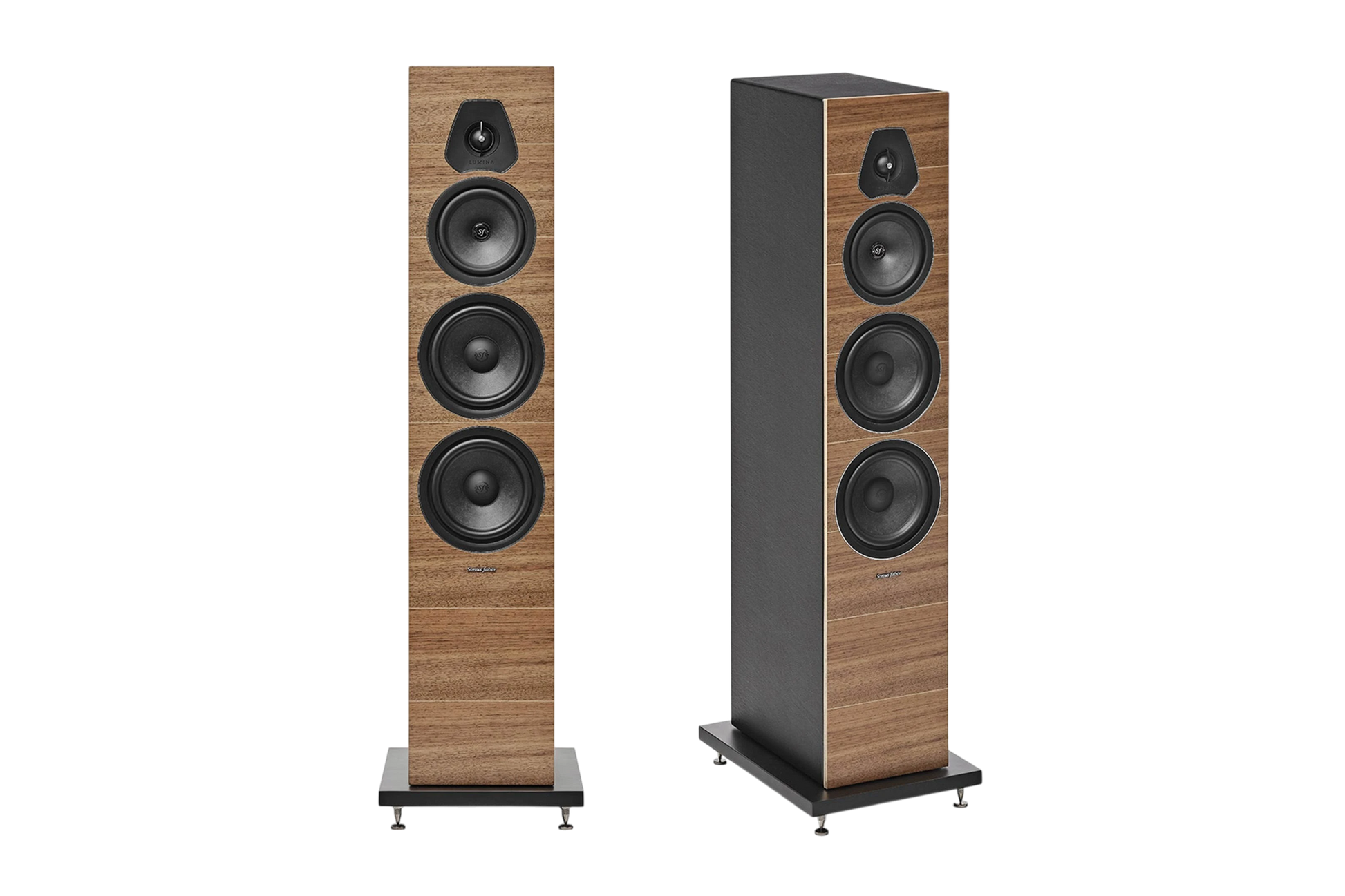 Salon 1 Audio Sonus faber Lumina V floorstanding speakers in walnut wood finish with black leather and three drivers.
