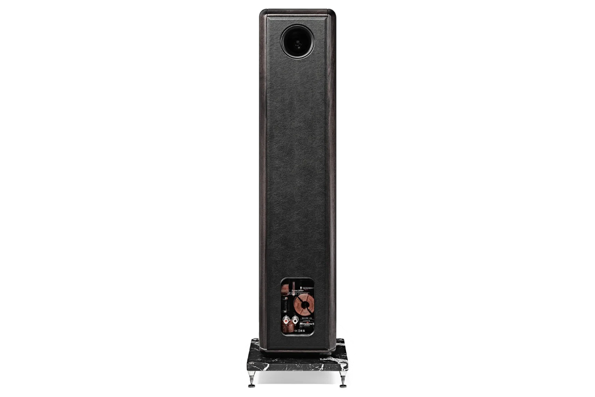 Rear view of Salon 1 Audio Sonus faber Maxima Amator floorstanding speaker showing leather cabinet and marble base
