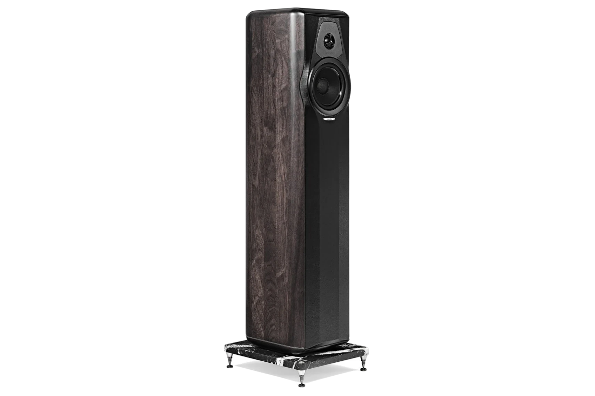 Salon 1 Audio Sonus faber Maxima Amator floorstanding speaker in solid walnut and black leather with marble base