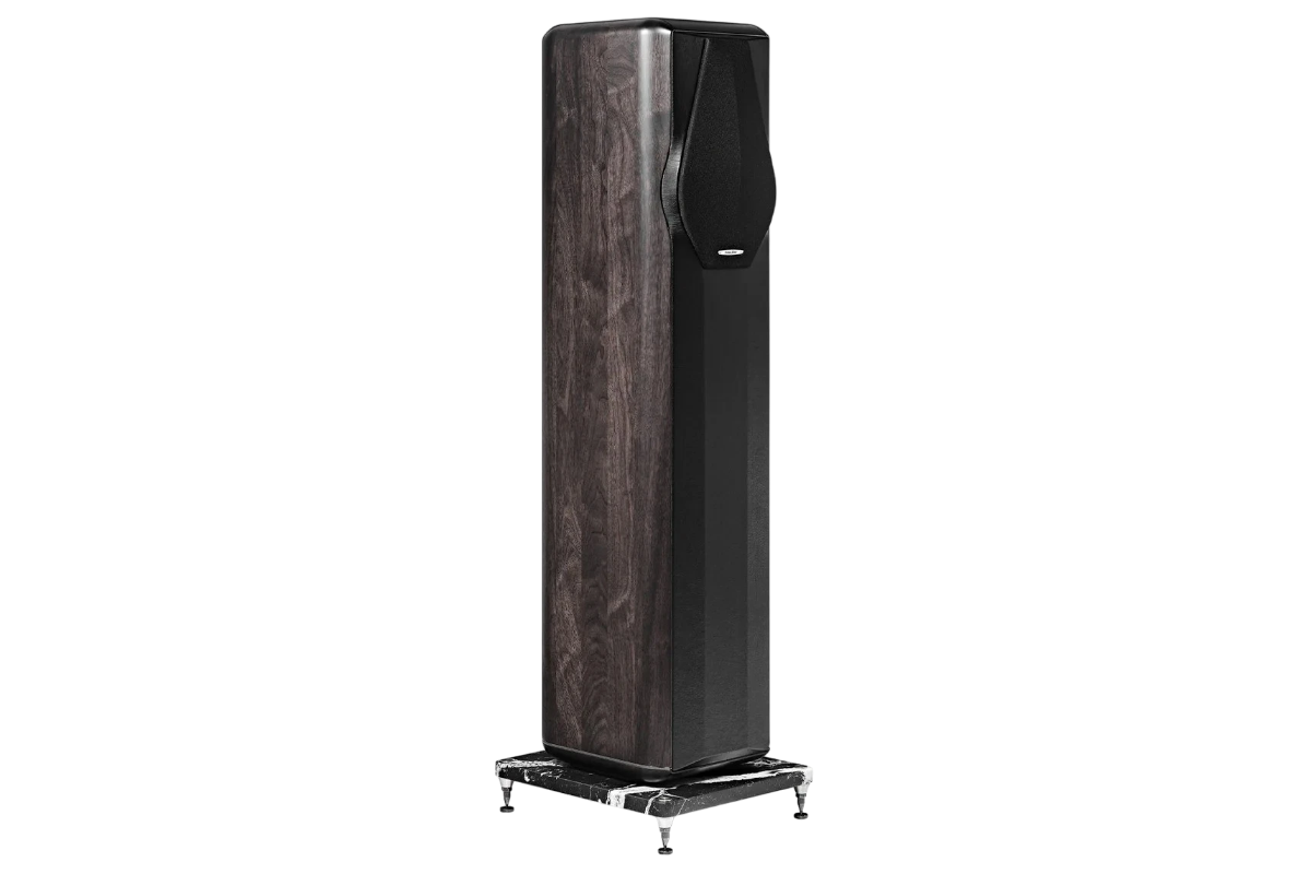 Salon 1 Audio Sonus faber Maxima Amator floorstanding speaker in solid walnut with black leather and marble base.