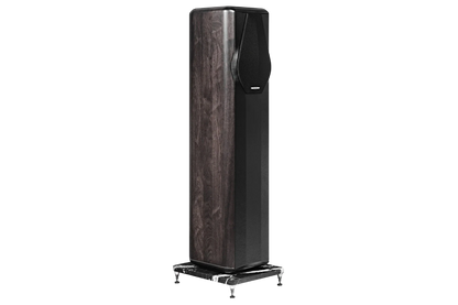 Salon 1 Audio Sonus faber Maxima Amator floorstanding speaker in solid walnut with black leather and marble base.