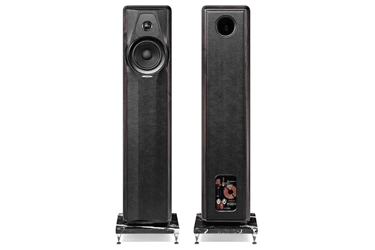 Salon 1 Audio Sonus faber Maxima Amator floorstanding speakers in solid walnut and leather with marble base