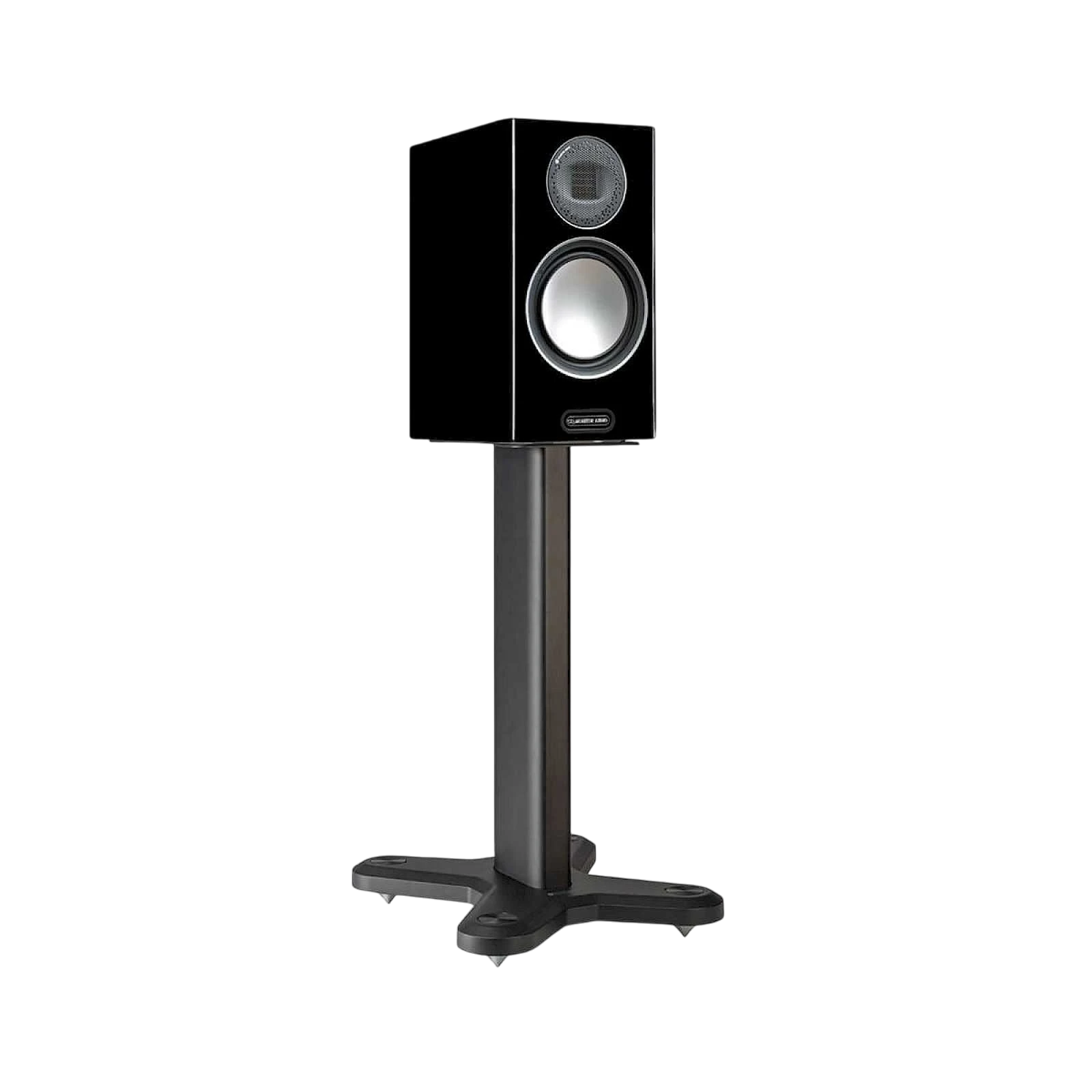 Salon 1 Audio Monitor Audio ST-2 matte black universal speaker stand supporting a high-end bookshelf loudspeaker