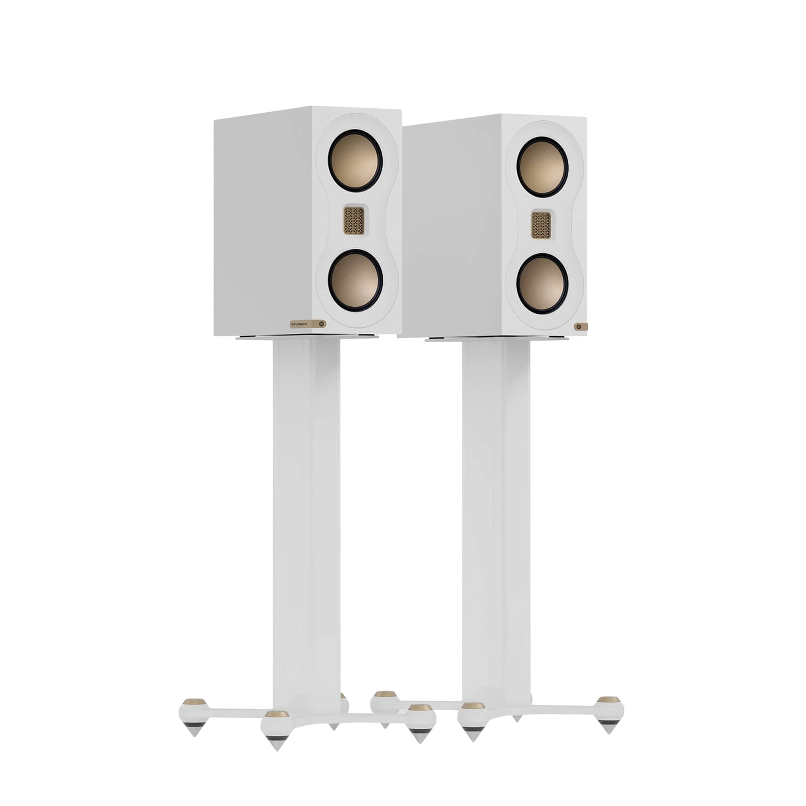 Salon 1 Audio Monitor Audio Studio 89 white bookshelf speakers on matching stands with gold driver accents.