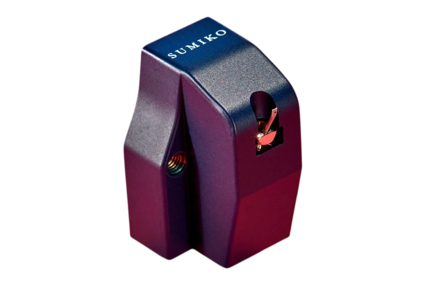Salon 1 Audio Sumiko Blue Point No. 3 low output moving coil phono cartridge in dark blue against a vibrant red background