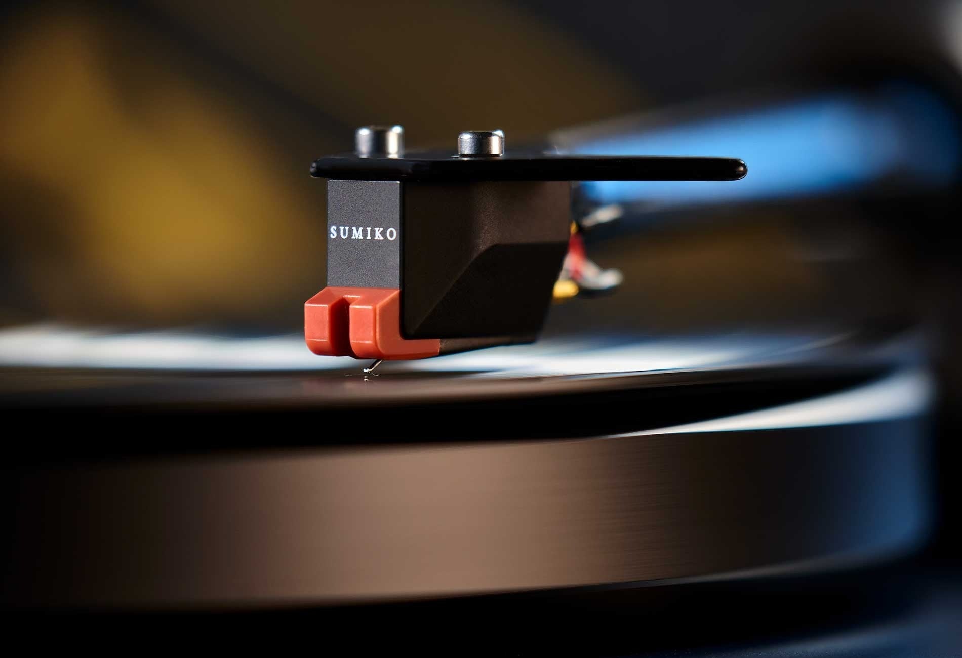 Salon 1 Audio Sumiko Moonstone moving magnet phono cartridge with elliptical stylus playing a vinyl record