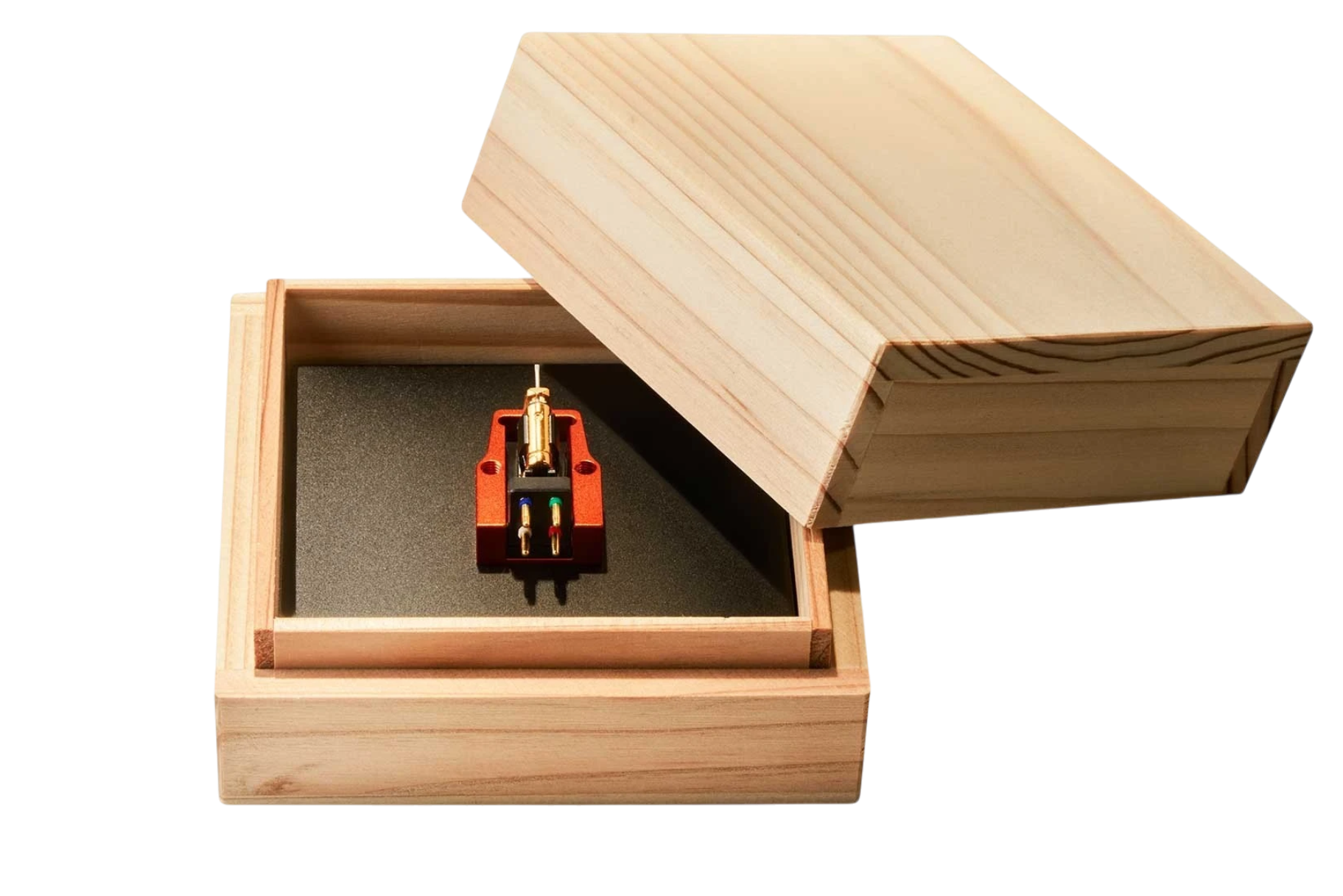 Salon 1 Audio Sumiko Oriole low output moving coil cartridge with gold and red body inside a wooden display box