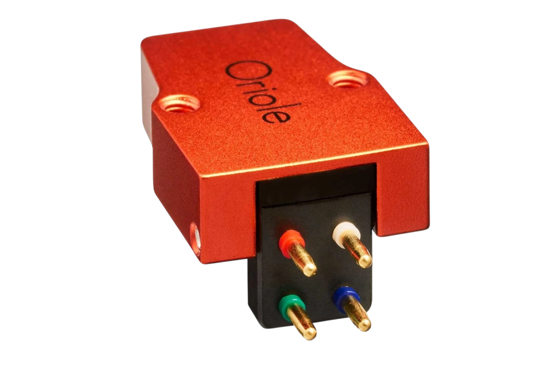 Salon 1 Audio Sumiko Oriole low output moving coil cartridge with a vibrant red open-body design and gold pins.