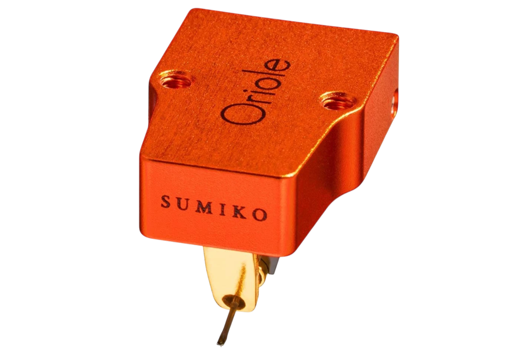 Salon 1 Audio Sumiko Oriole low output moving coil cartridge with a vibrant orange open-body design and gold stylus.