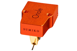 Salon 1 Audio Sumiko Oriole low output moving coil cartridge with a vibrant orange open-body design and gold stylus.