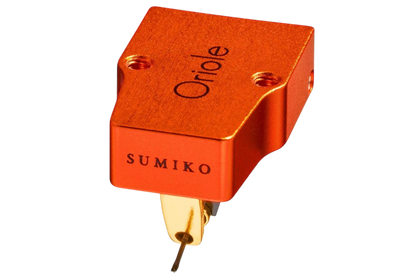 Salon 1 Audio Sumiko Oriole low output moving coil cartridge with a vibrant orange open-body design and gold stylus.
