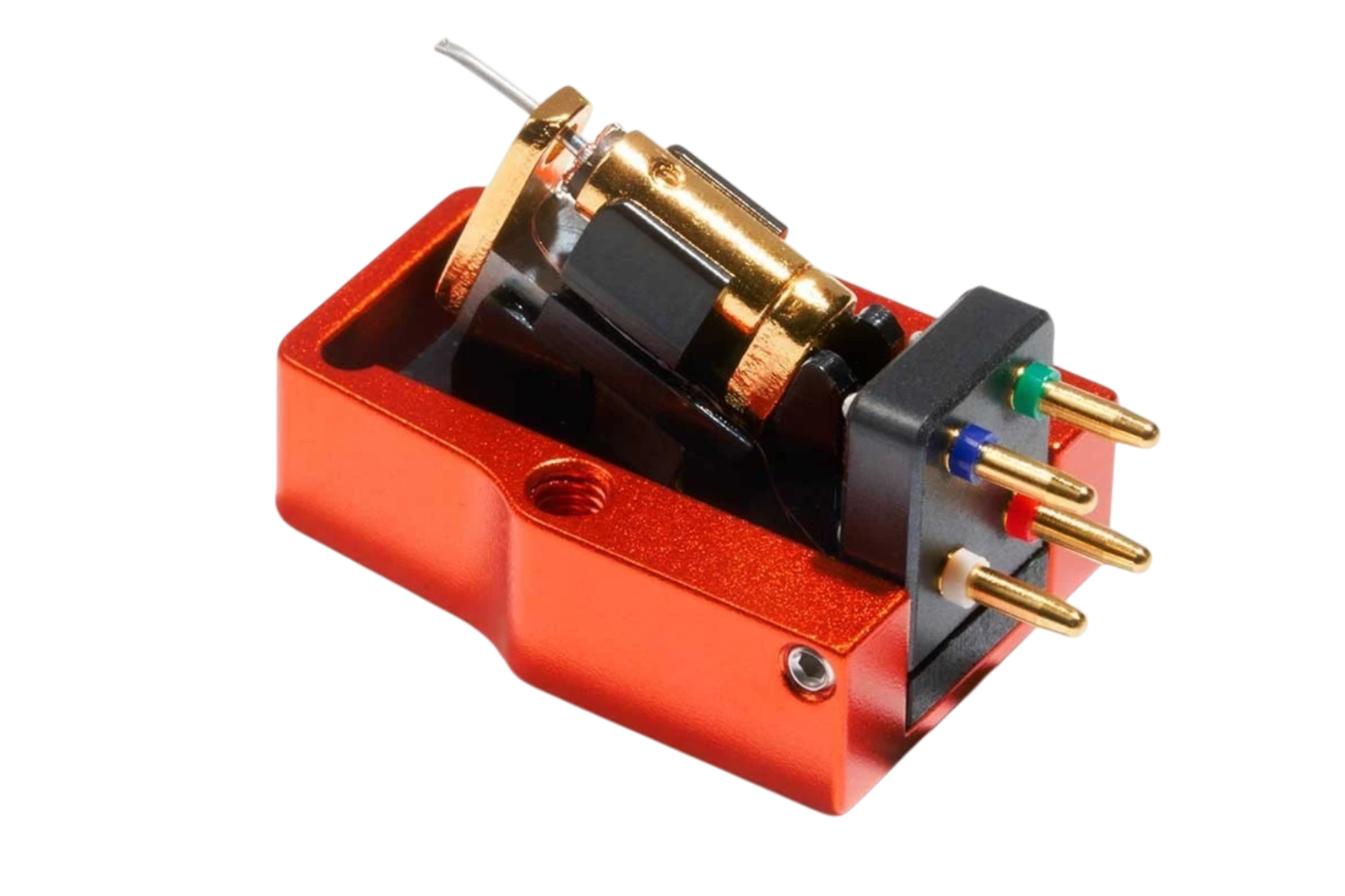 Salon 1 Audio Sumiko Oriole low output moving coil cartridge with a vibrant orange body and gold-toned generator.