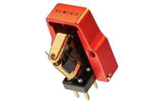 Salon 1 Audio Sumiko Oriole low output moving coil cartridge with a red open-body design and gold accents.