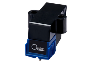 Salon 1 Audio Sumiko Oyster moving magnet phono cartridge with a black body and blue stylus housing on a white background
