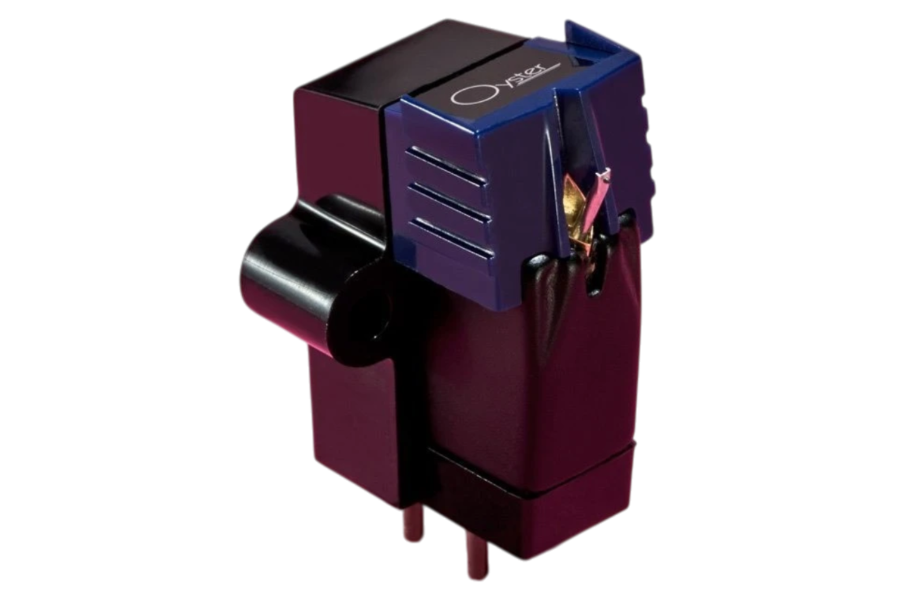 Salon 1 Audio Sumiko Oyster moving magnet phono cartridge with a blue front and black body on a pink background.
