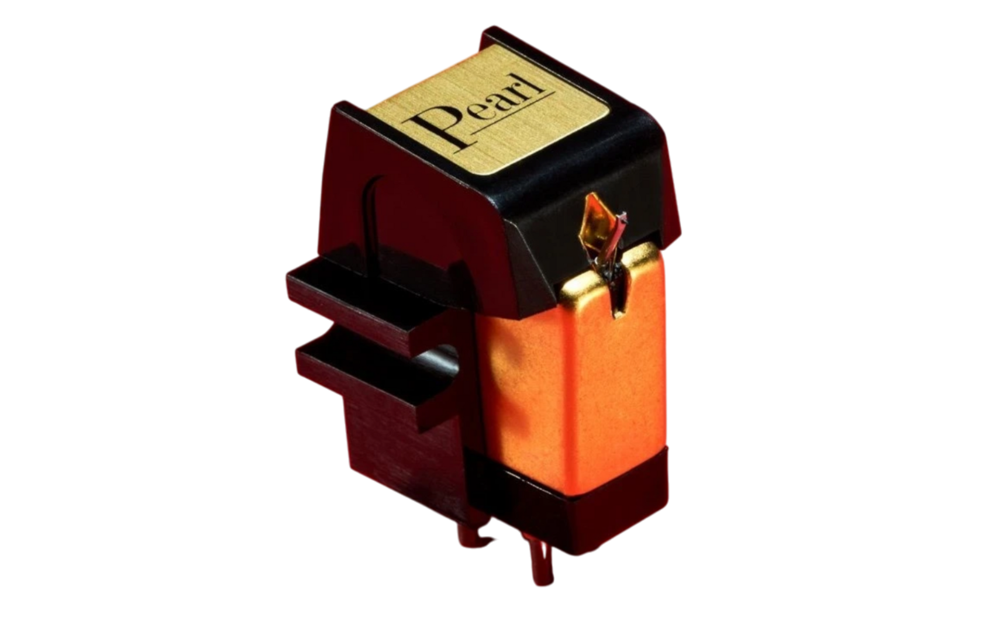Salon 1 Audio Sumiko Pearl moving magnet phono cartridge with black and gold body on a vibrant red background.