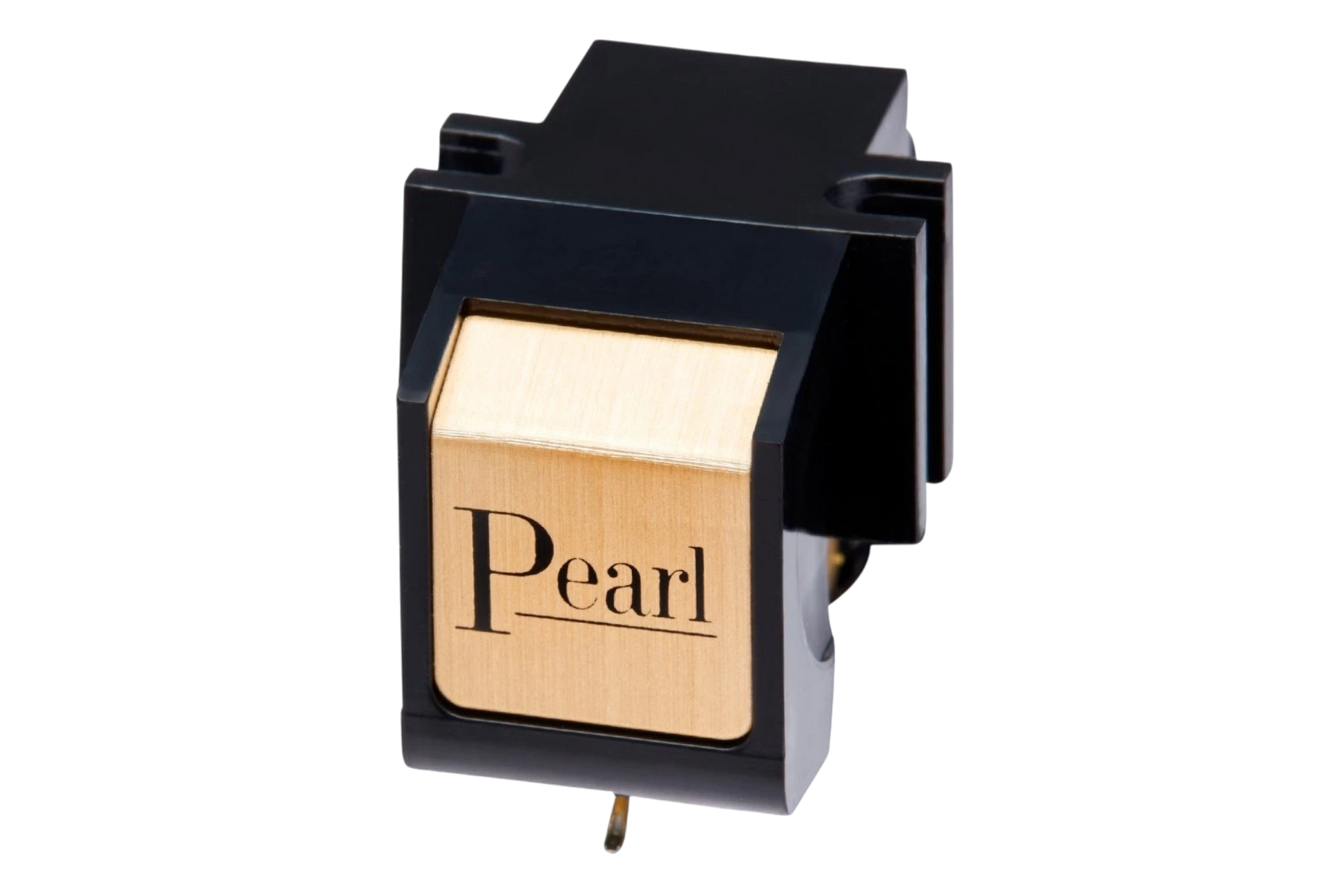Salon 1 Audio Sumiko Pearl moving magnet phono cartridge with a black body and gold front plate on a white background.