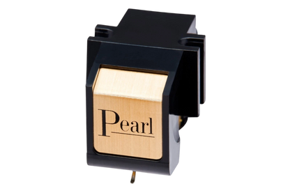 Salon 1 Audio Sumiko Pearl moving magnet phono cartridge with a black body and gold front plate on a white background.