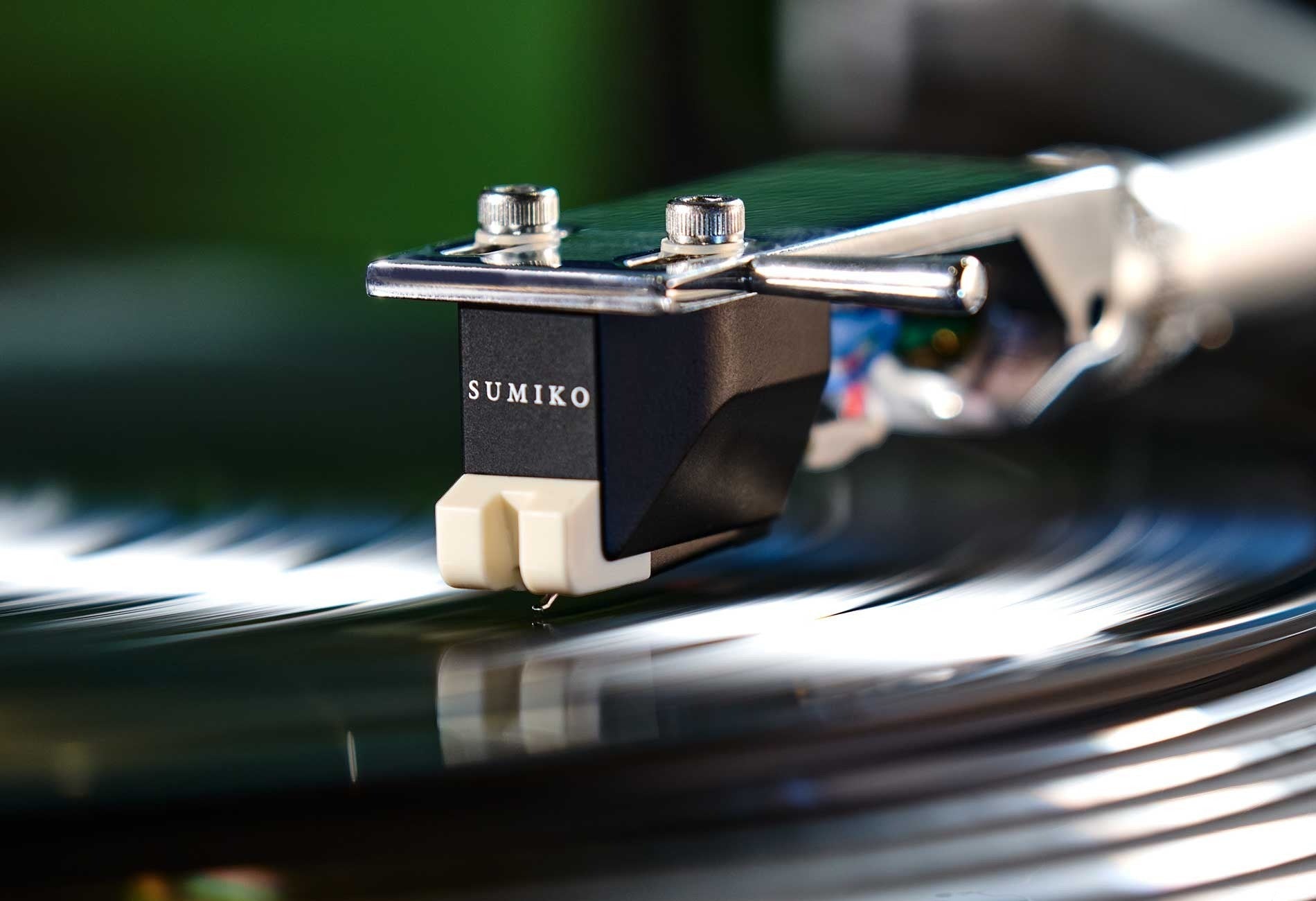 Salon 1 Audio Sumiko Rainier moving magnet phono cartridge mounted on a turntable playing a vinyl record