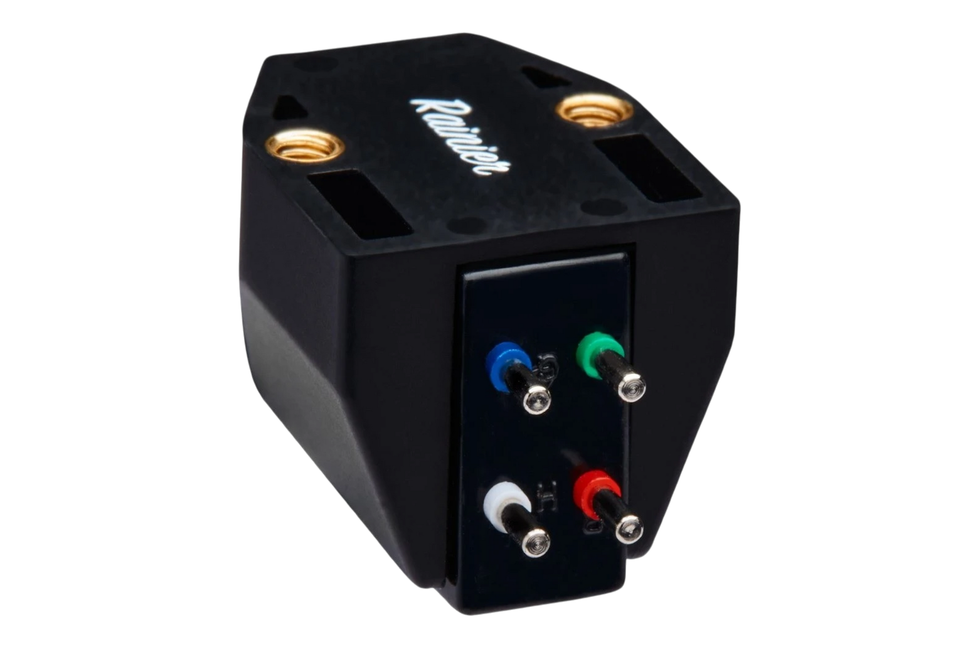 Salon 1 Audio Sumiko Rainier moving magnet phono cartridge showing the rear connection pins and black housing.
