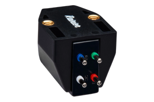 Salon 1 Audio Sumiko Rainier moving magnet phono cartridge showing the rear connection pins and black housing.