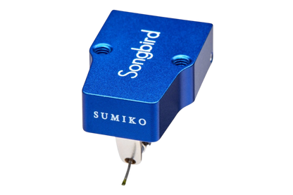 Salon 1 Audio Sumiko Songbird High output moving coil phono cartridge in blue with open-architecture design.