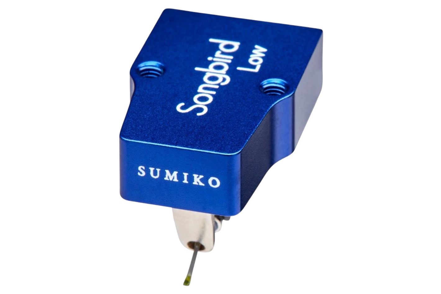 Salon 1 Audio Sumiko Songbird Low moving coil phono cartridge in blue with open-body design and elliptical stylus.