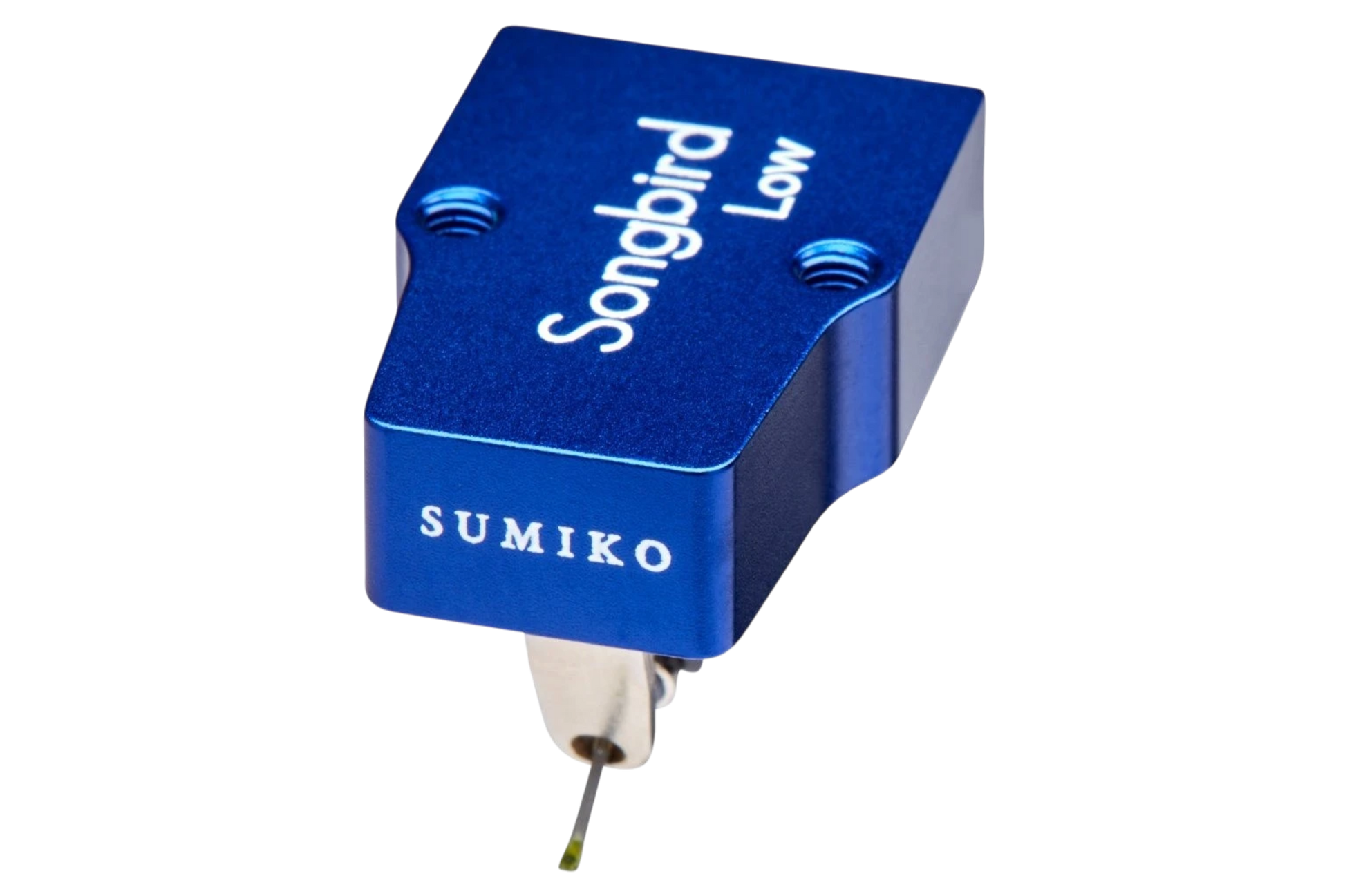 Salon 1 Audio Sumiko Songbird Low moving coil phono cartridge in blue with open-body design and elliptical stylus.