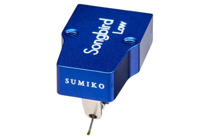 Salon 1 Audio Sumiko Songbird Low moving coil phono cartridge in blue with open-body design and elliptical stylus.