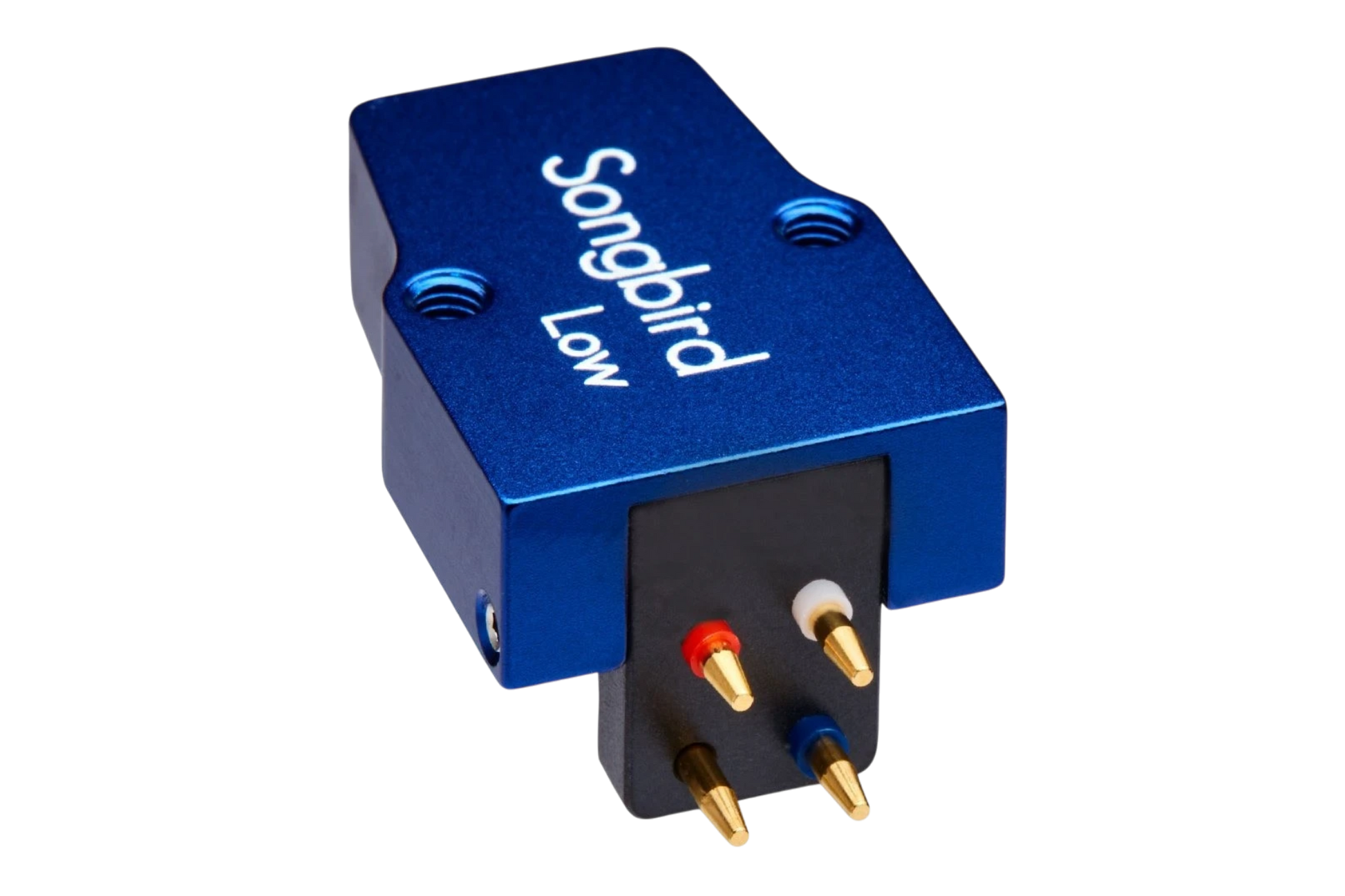 Salon 1 Audio Sumiko Songbird Low moving coil phono cartridge in blue with gold pins on a white background.