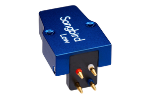 Salon 1 Audio Sumiko Songbird Low moving coil phono cartridge in blue with gold pins on a white background.