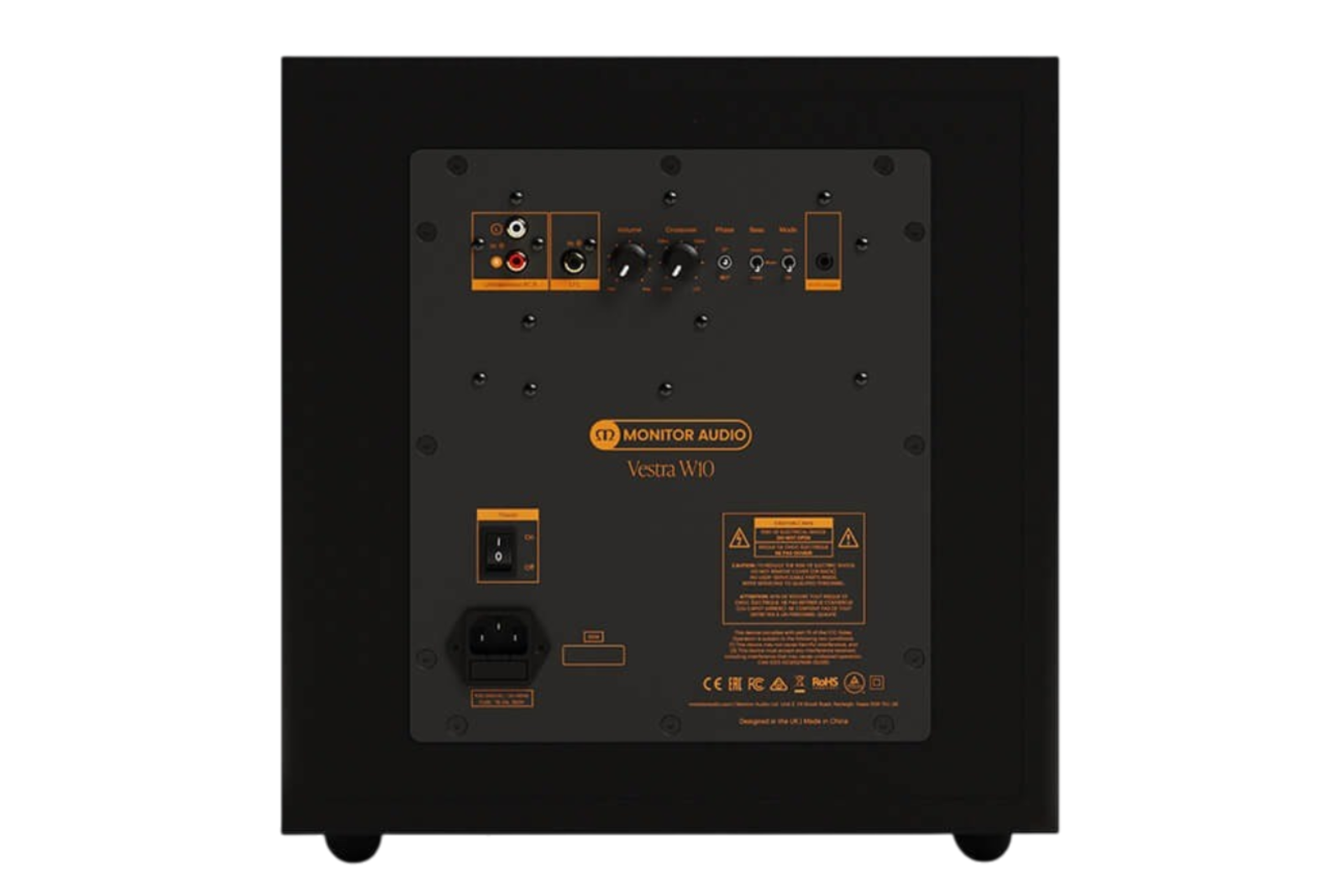 Salon 1 Audio Monitor Audio Vestra W10 powered subwoofer rear panel showing RCA inputs and controls