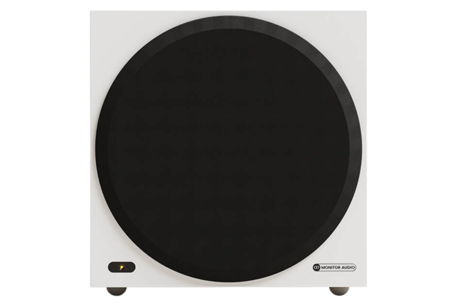 Salon 1 Audio Monitor Audio Vestra W10 compact white powered subwoofer with a black circular grille and front logo.