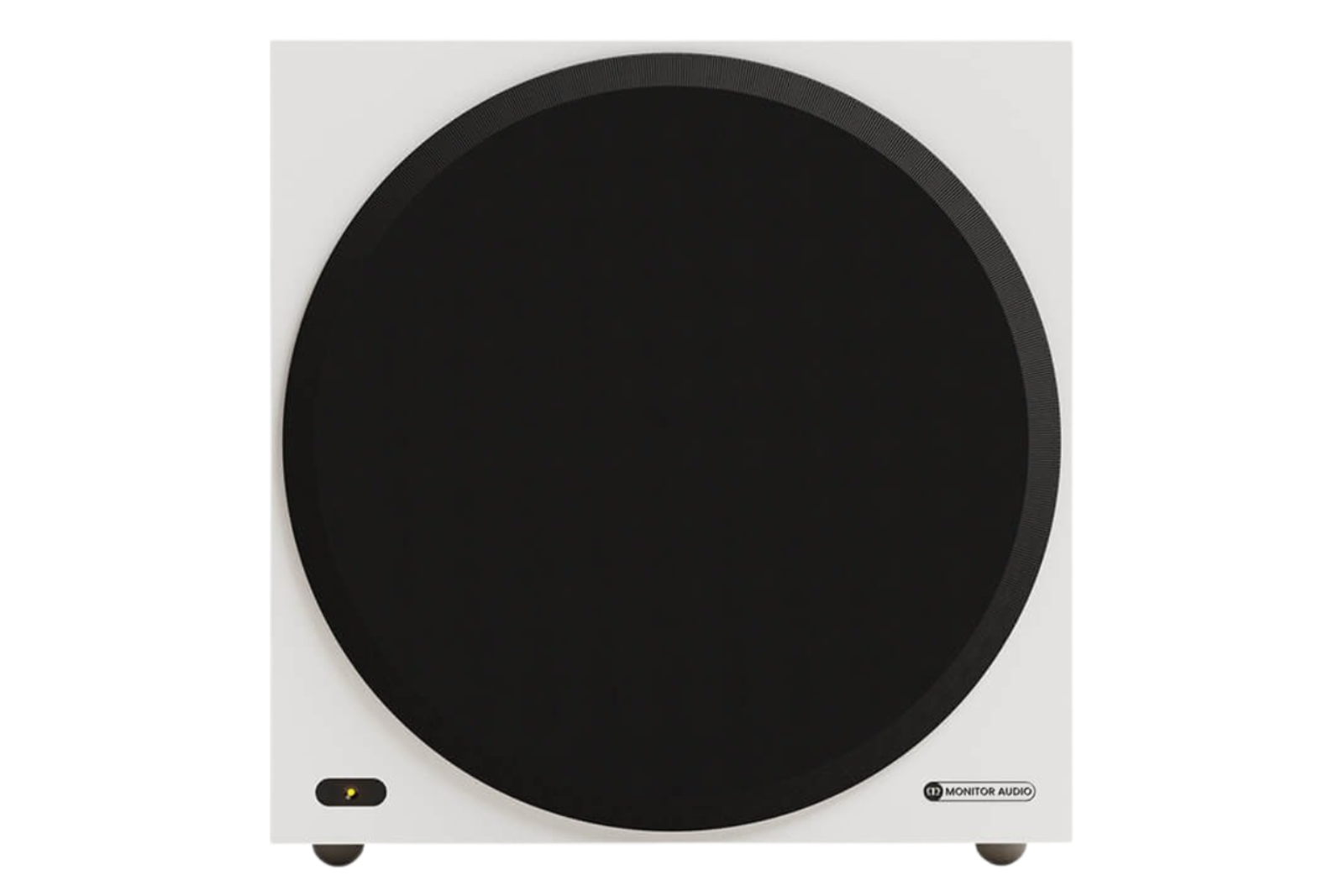 Salon 1 Audio Monitor Audio Vestra W12 powered subwoofer in white with a large black circular front grille