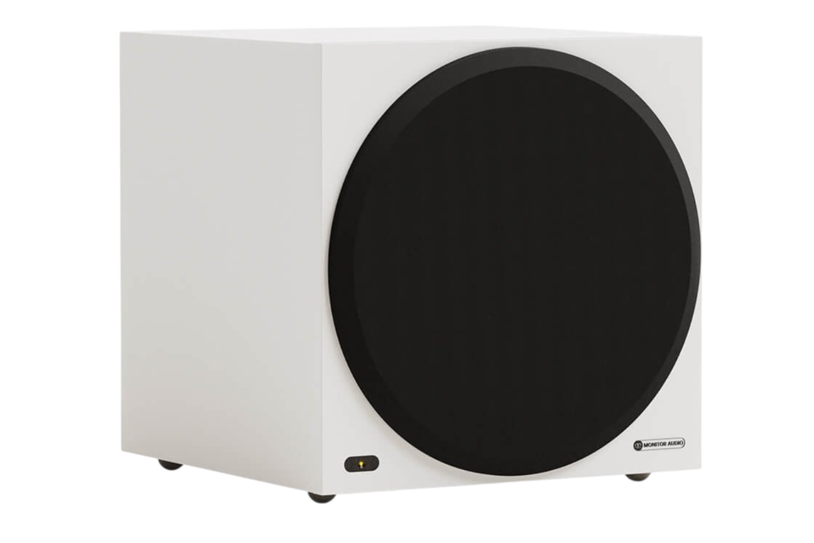 Salon 1 Audio Monitor Audio Vestra W12 powered subwoofer in white with a large black circular driver grille