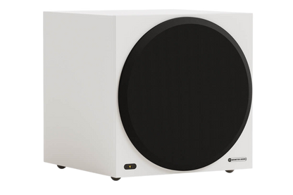 Salon 1 Audio Monitor Audio Vestra W12 powered subwoofer in white with a large black circular driver grille