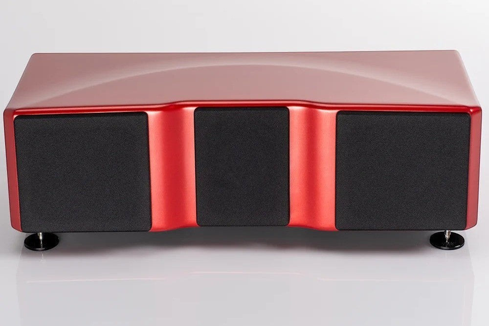 Salon 1 Audio Wilson Audio WASAE center channel speaker in a glossy red finish with black grilles and adjustable spikes.