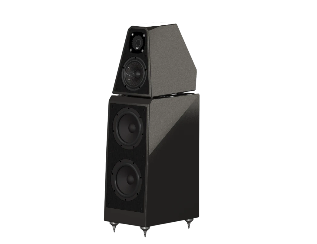 Salon 1 Audio Wilson Audio WATT/Puppy floorstanding speaker in a sleek black finish with a multi-enclosure design.