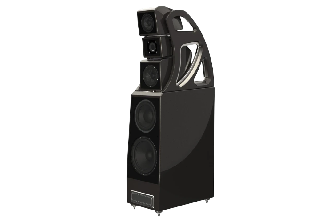 Salon 1 Audio Wilson Audio Alexx V floorstanding speaker in a sleek black finish with an open architecture gantry.