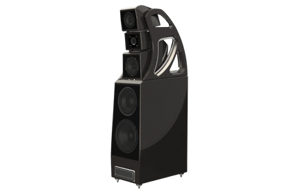 Salon 1 Audio Wilson Audio Alexx V floorstanding speaker in a sleek black finish with an open architecture gantry.
