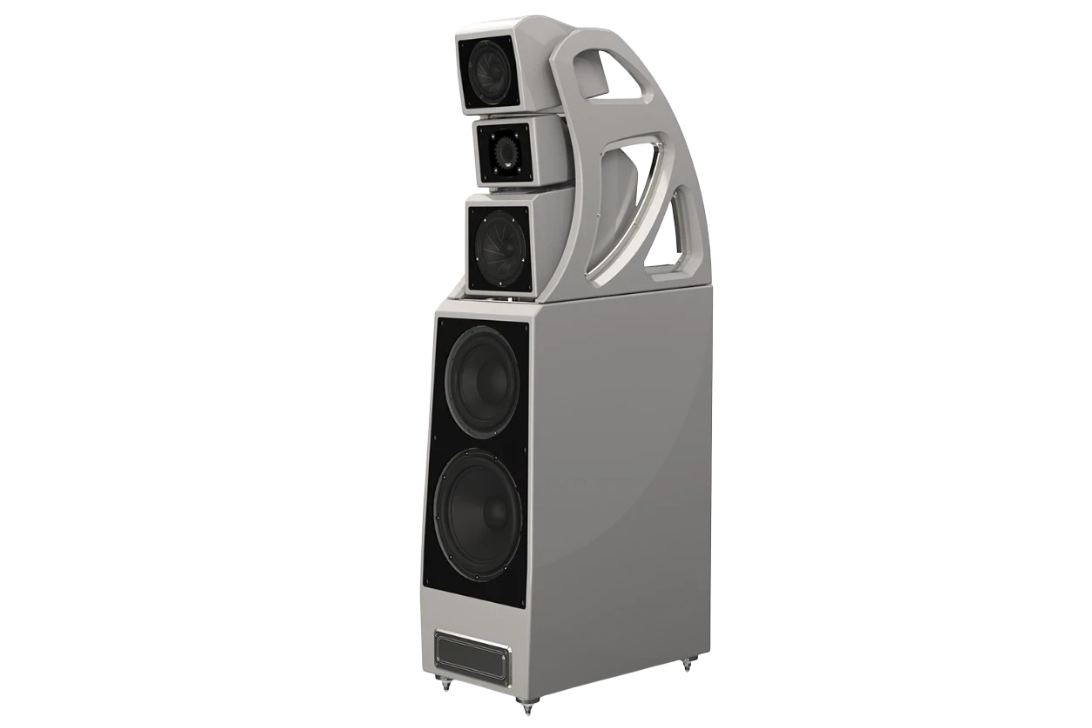 Salon 1 Audio Wilson Audio Alexx V floorstanding speaker in a sleek light grey finish with adjustable driver modules.