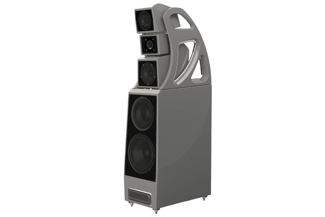 Salon 1 Audio Wilson Audio Alexx V floorstanding speaker in a sleek gray finish with an open architecture gantry.