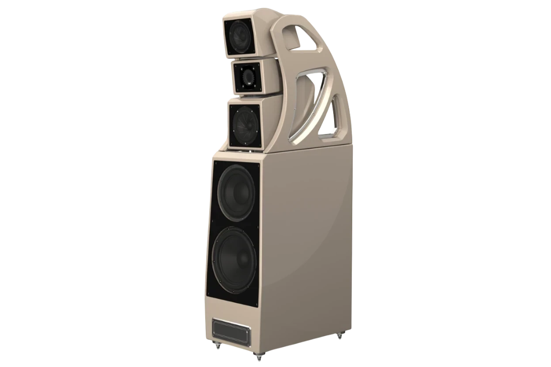Salon 1 Audio Wilson Audio Alexx V floorstanding speaker in a glossy ivory finish with an open gantry design.