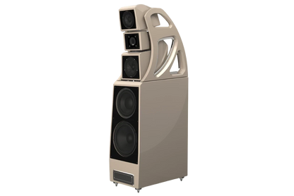 Salon 1 Audio Wilson Audio Alexx V floorstanding speaker in a glossy ivory finish with an open gantry design.