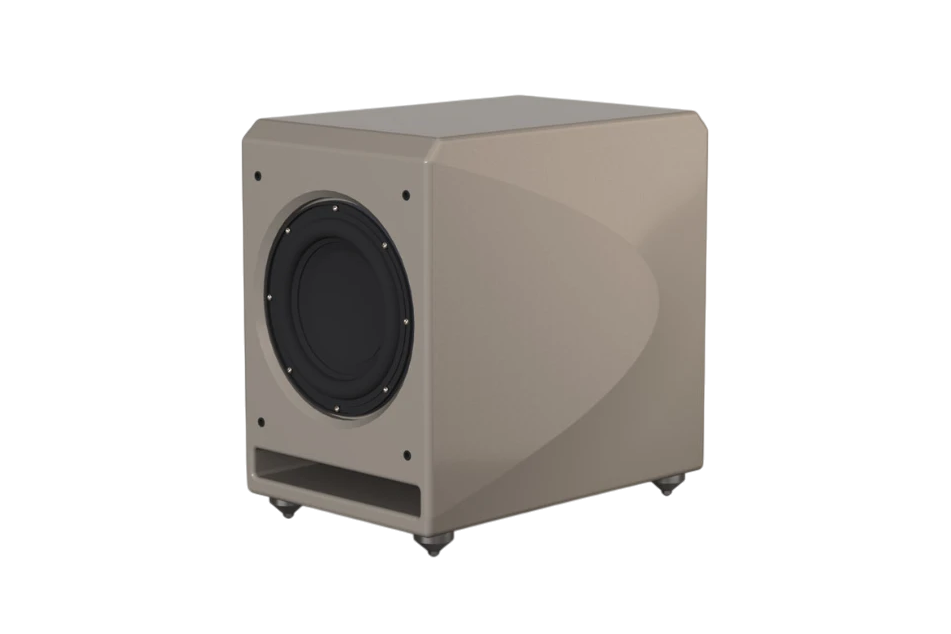 Salon 1 Audio Wilson Audio Lōkē active subwoofer in a sleek beige finish with a 10-inch long-throw driver.