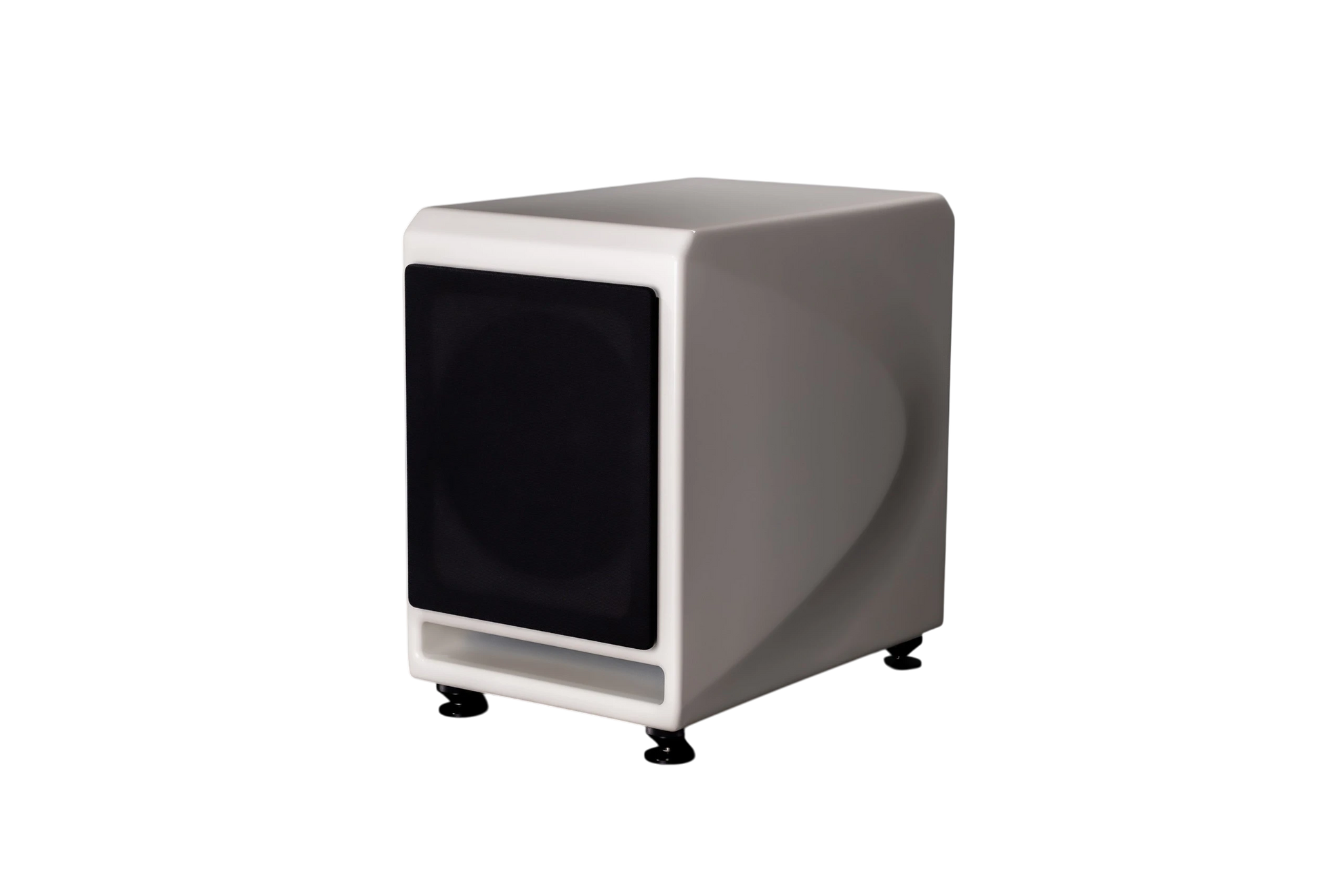 Salon 1 Audio Wilson Audio Lōkē compact active subwoofer in a glossy white finish with a black front grille.