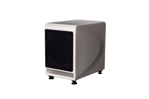 Salon 1 Audio Wilson Audio Lōkē compact active subwoofer in a glossy white finish with a black front grille.