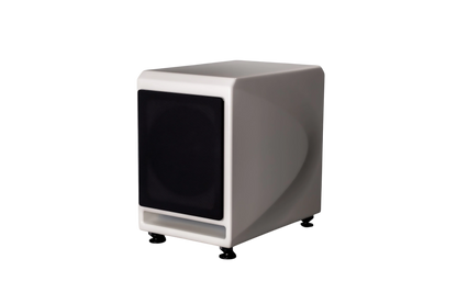 Salon 1 Audio Wilson Audio Lōkē compact active subwoofer in a glossy white finish with a black front grille.