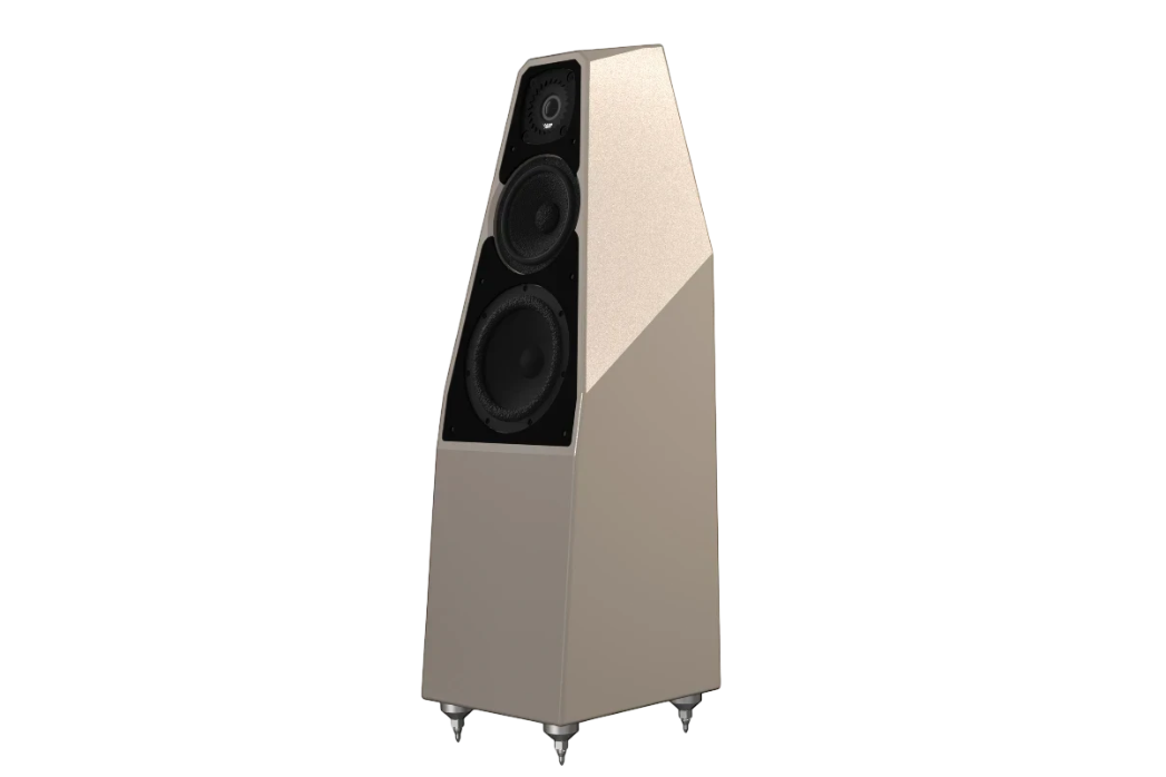Salon 1 Audio Wilson Audio Sabrina V floorstanding speaker in a sleek metallic finish with a three-way driver design.