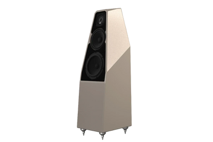 Salon 1 Audio Wilson Audio Sabrina V floorstanding speaker in a sleek metallic finish with a three-way driver design.